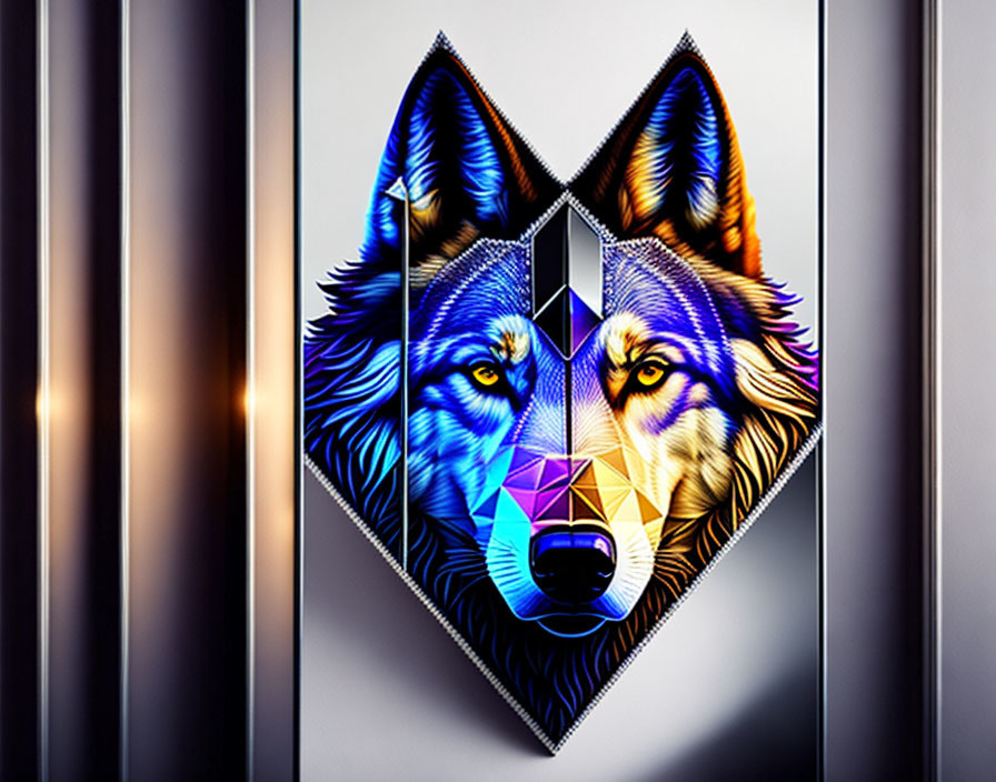 Multicolored Wolf Face Graphic in Diamond Shape with Geometric Patterns