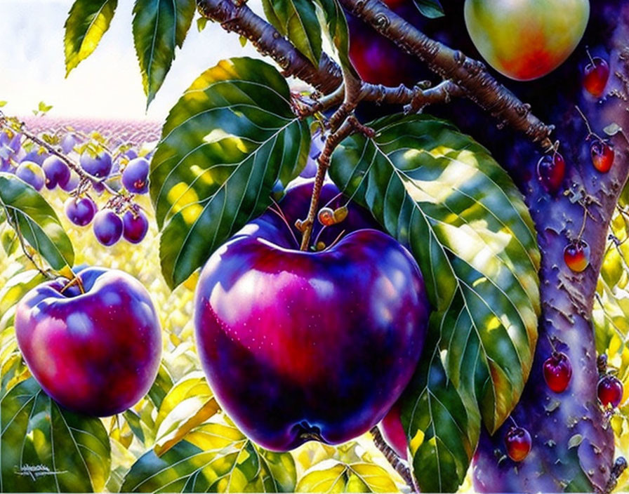 Colorful painting: Ripe purple plums on tree with sunlight and green leaves