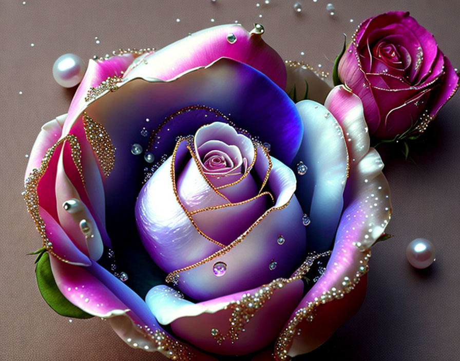 Multicolored rose with water droplets and pearls on brown background