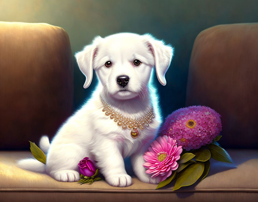 White Puppy with Gold Necklace Surrounded by Colorful Flowers on Couch