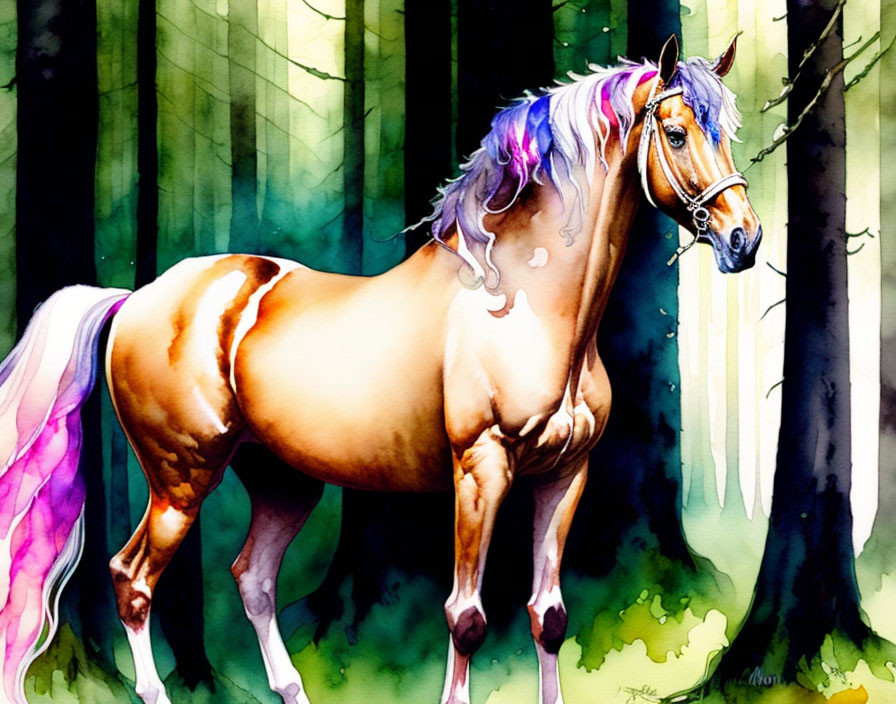 Vibrant horse illustration in forest with purple and pink mane