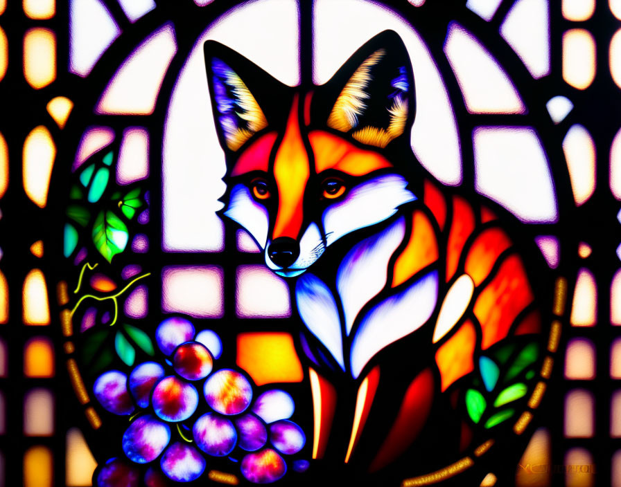 Vibrant stained glass artwork of a fox with grape cluster lattice background