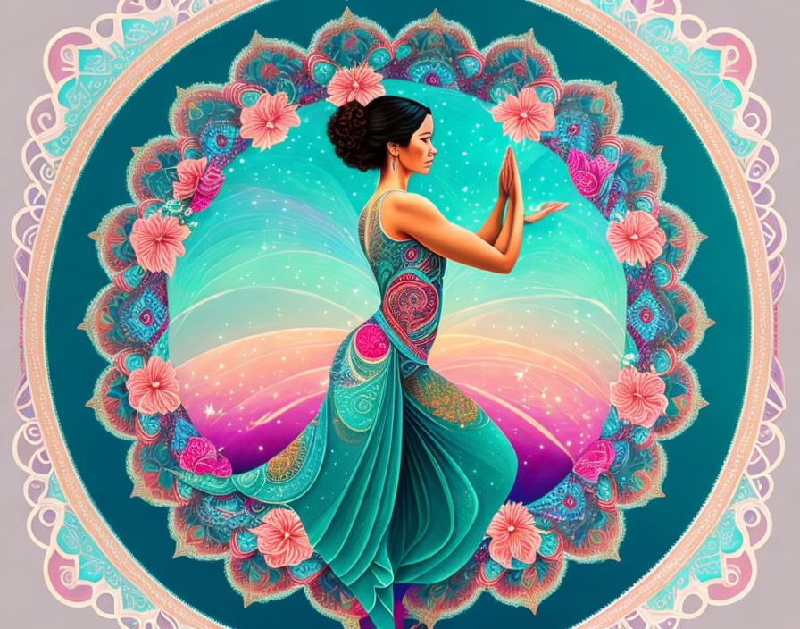 Stylized illustration of woman in teal dress against floral mandala.