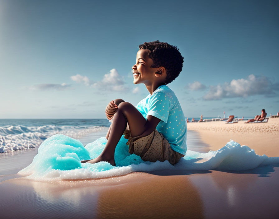 Child laughing on sandy beach with frothy waves and clear blue sky