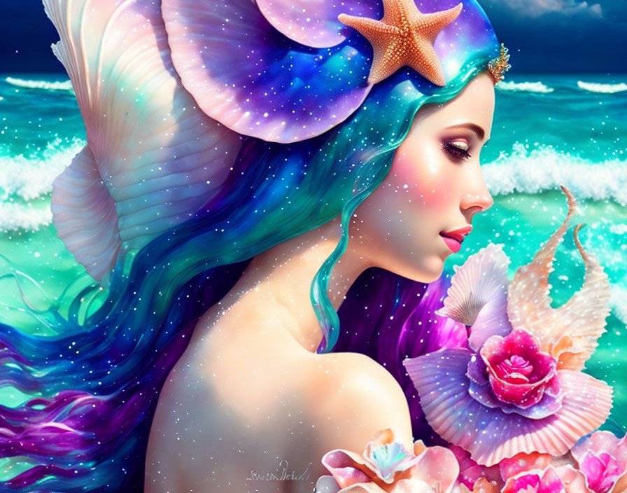 Colorful mermaid with starfish, seashells, roses in ocean backdrop