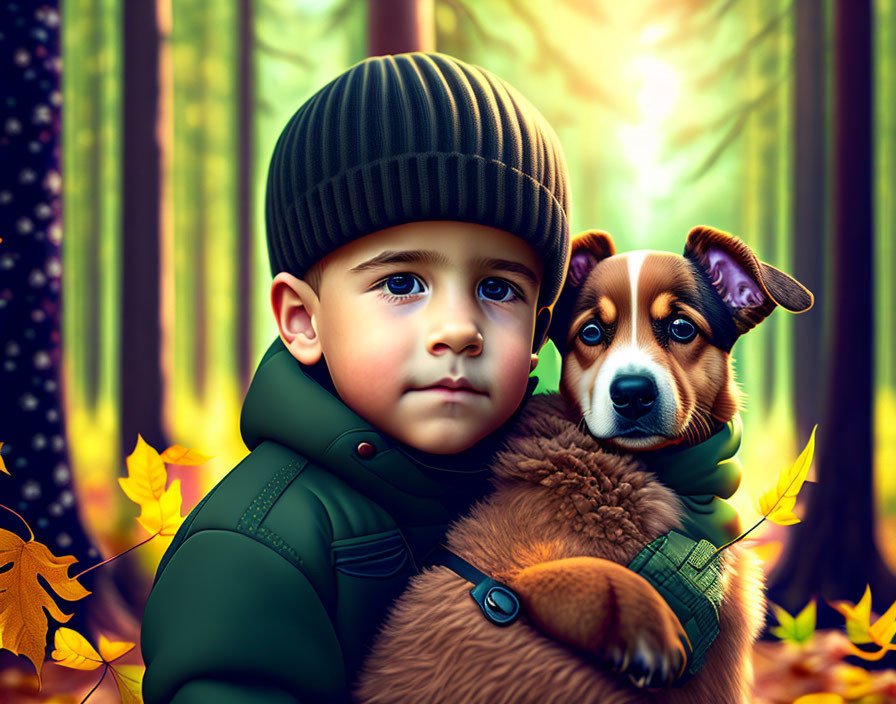 Young boy with puppy in autumn setting digital illustration