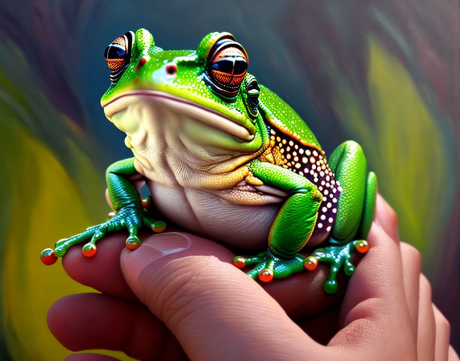 Colorful Illustrated Frog Perched on Fingers