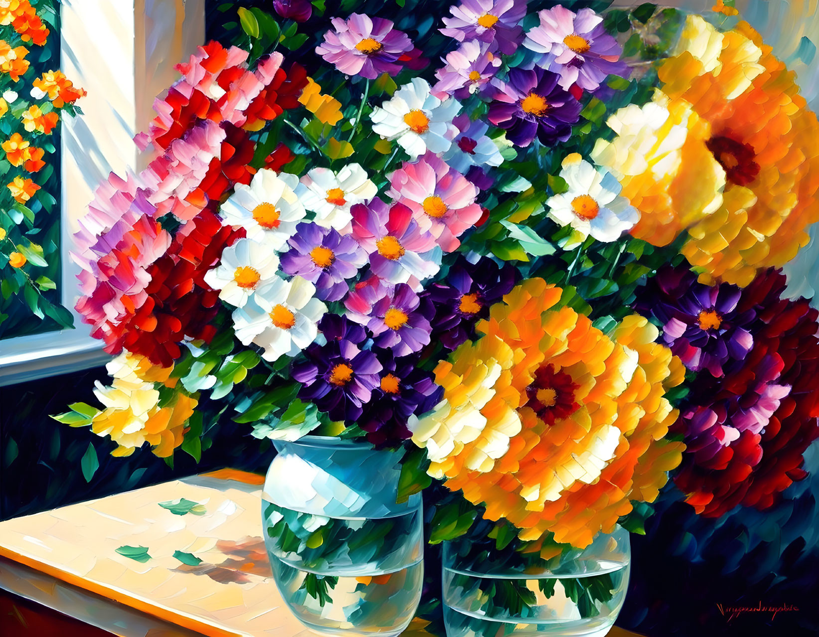 Colorful Flowers in Vase Oil Painting with Abundant Natural Light