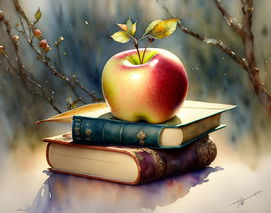 Realistic watercolor painting: Ripe apple on hardcover books with blurred background