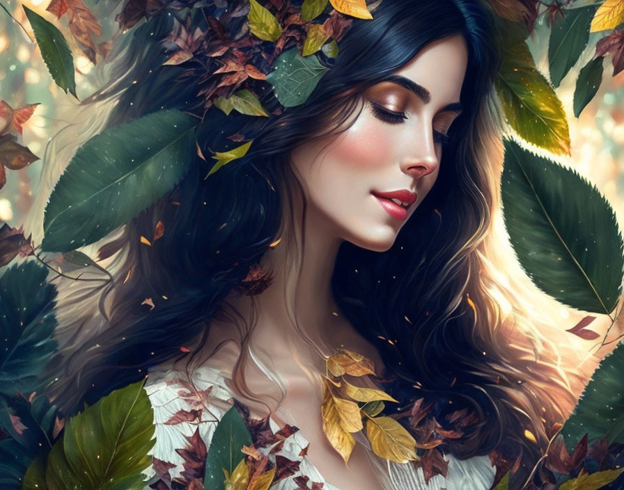 Illustrated woman with dark hair in lush green and autumn leaves.