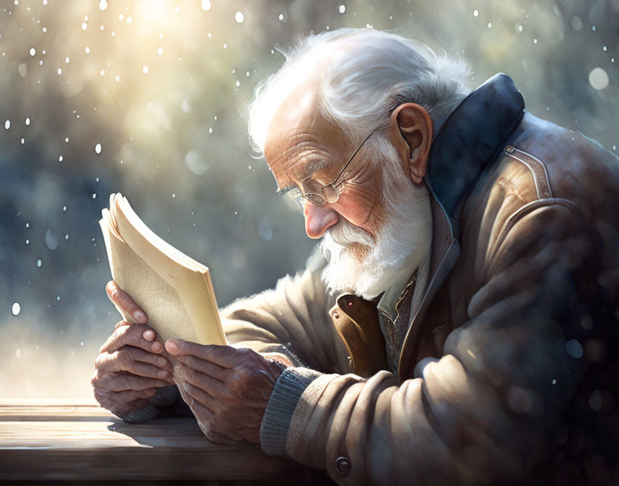 Elderly man reading book at wooden table with sunlight and floating specks