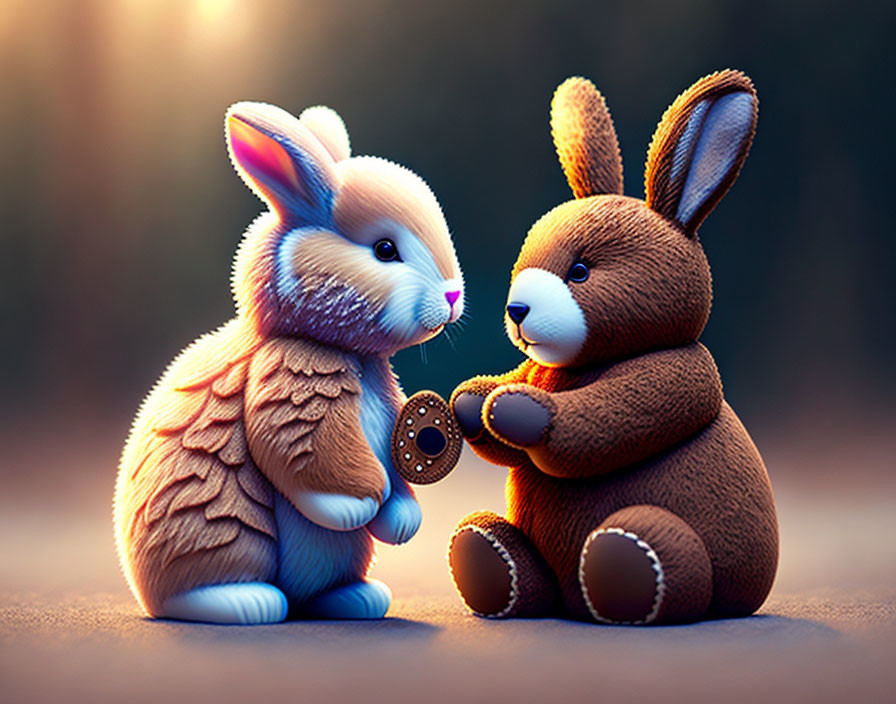 Adorable animated rabbits sharing a cookie in cozy setting