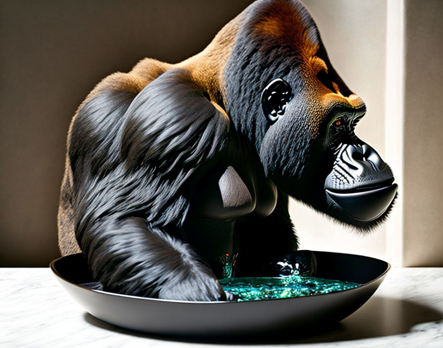 Hyperrealistic Gorilla Upper Body Sculpture Emerging from Water Bowl
