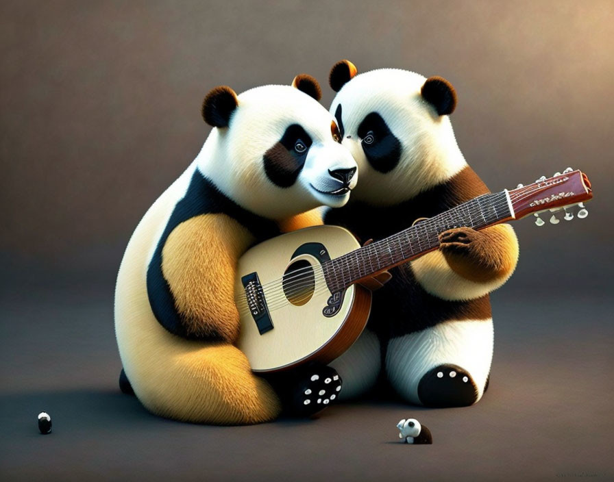 Animated pandas with guitar and dice in front