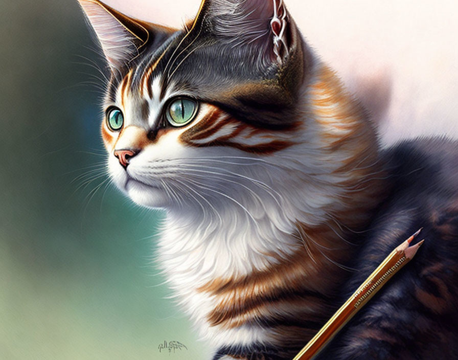 Vibrant green-eyed cat with orange and black stripes holding a personalized pencil