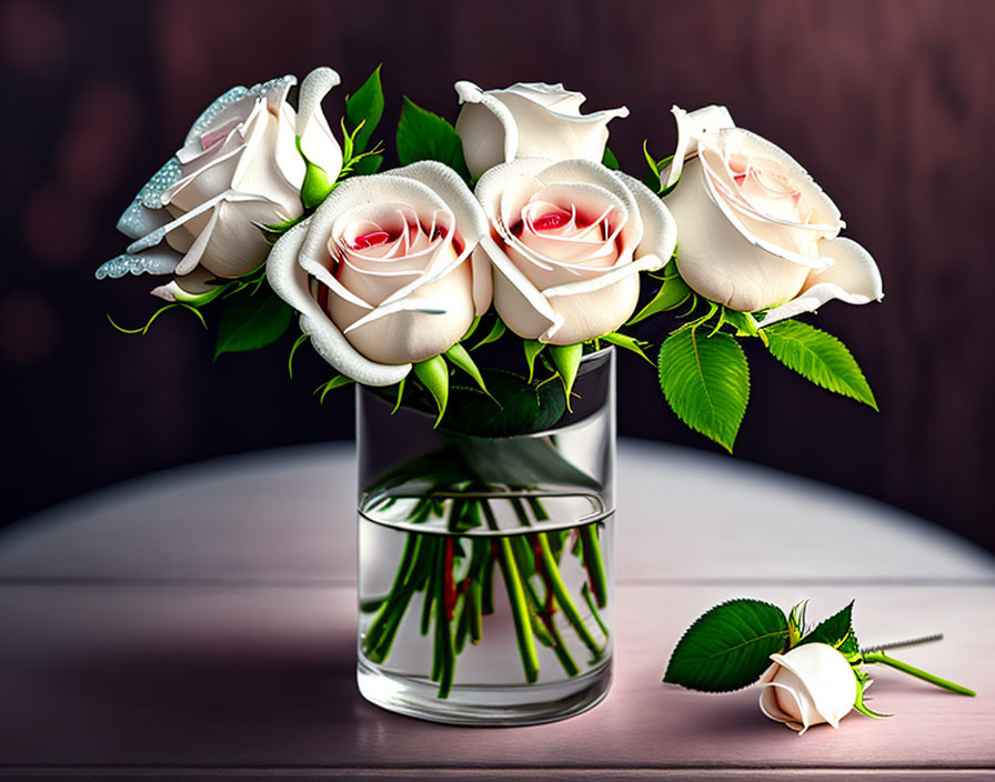 White Roses Bouquet in Clear Glass Vase on Wooden Surface