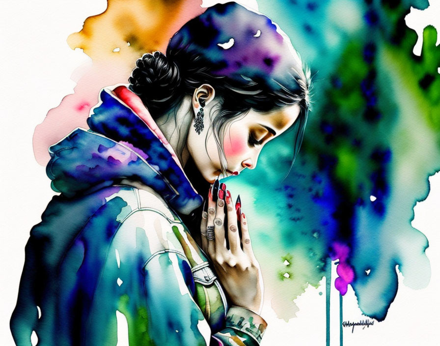 Vibrant Watercolor Illustration of Contemplative Woman