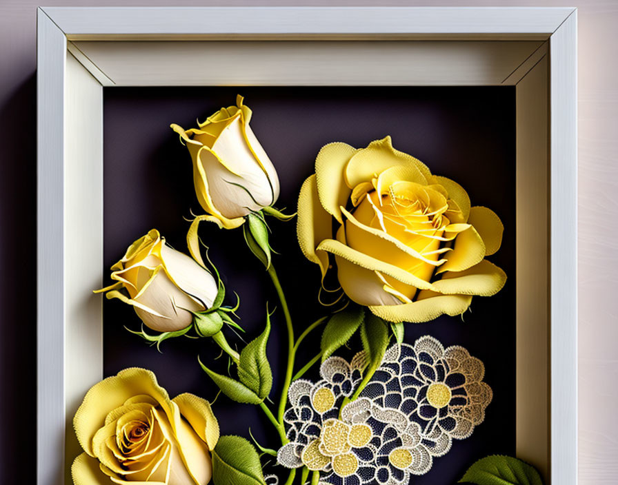 Three-Dimensional Yellow Roses Artwork with Lace Detailing