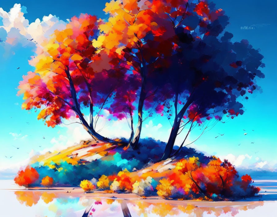 Colorful Autumn Trees Painting with Birds and Water Reflections