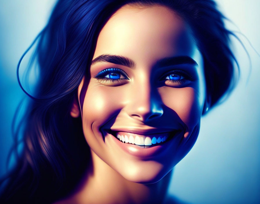 Colorful digital portrait of a smiling woman with blue eyes and dark hair on a blue backdrop