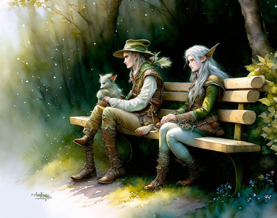 Elf-like characters in medieval attire sit on a bench in lush woodland