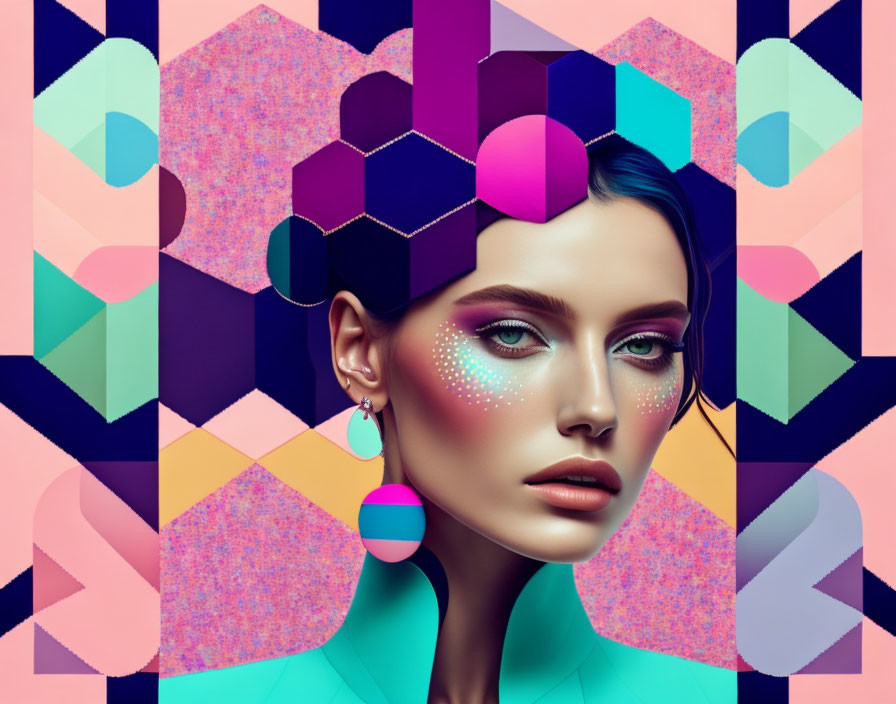 Colorful Makeup Woman Portrait with Geometric Shapes and Vibrant Patterns