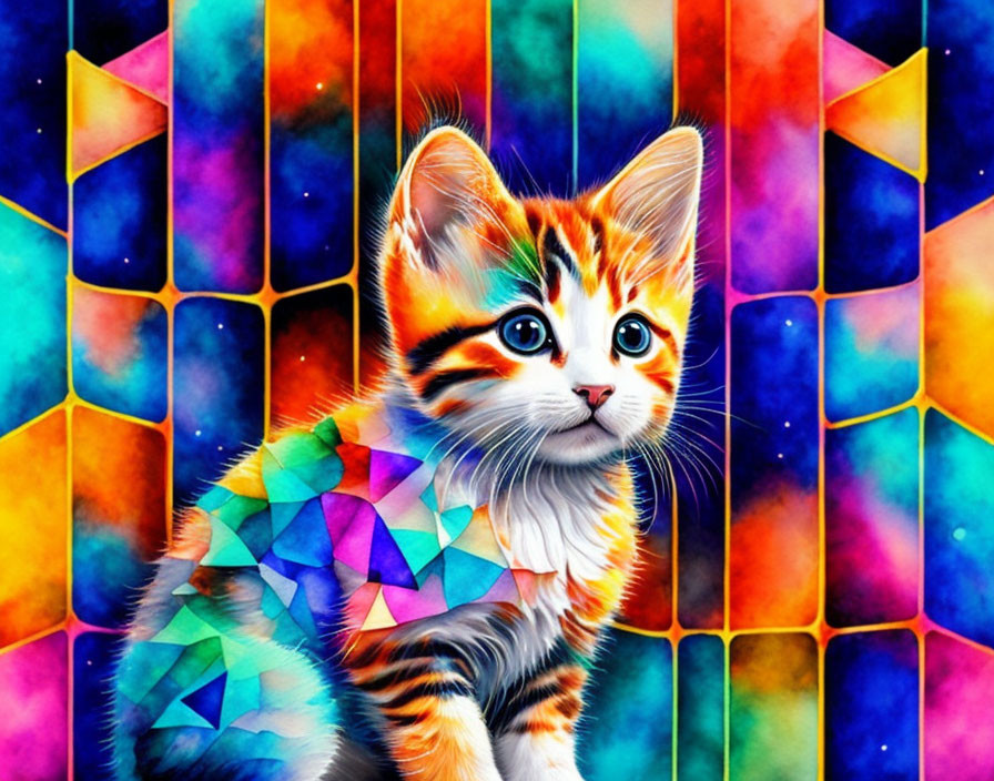 Colorful digital artwork: Kitten with mosaic coat on vibrant stained glass background