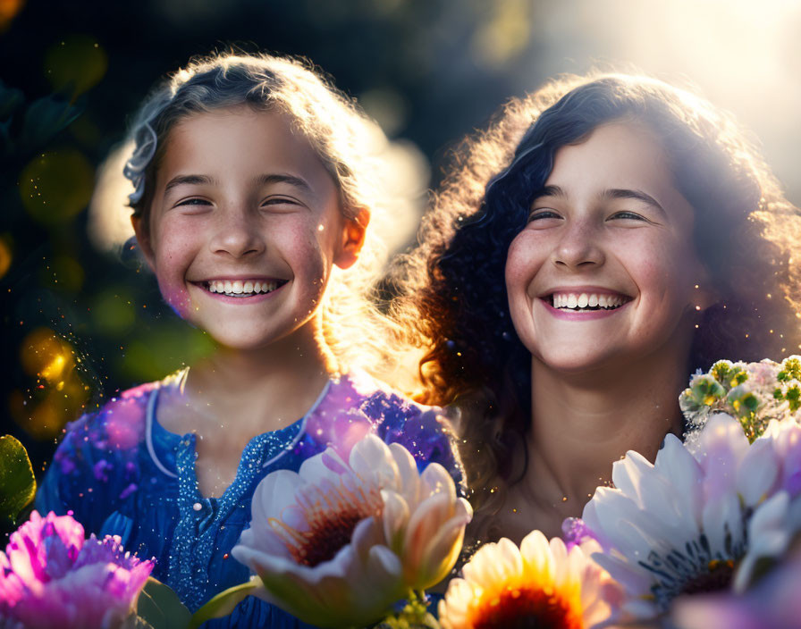 Two girls in nature with radiant smiles and vibrant flowers under sunlight.