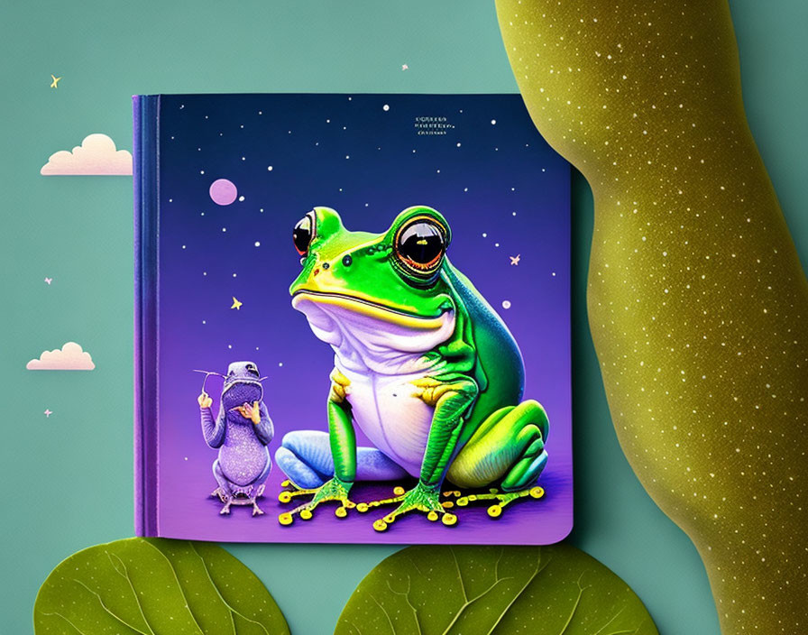 Vibrant illustration featuring green frog, purple book, and small figure