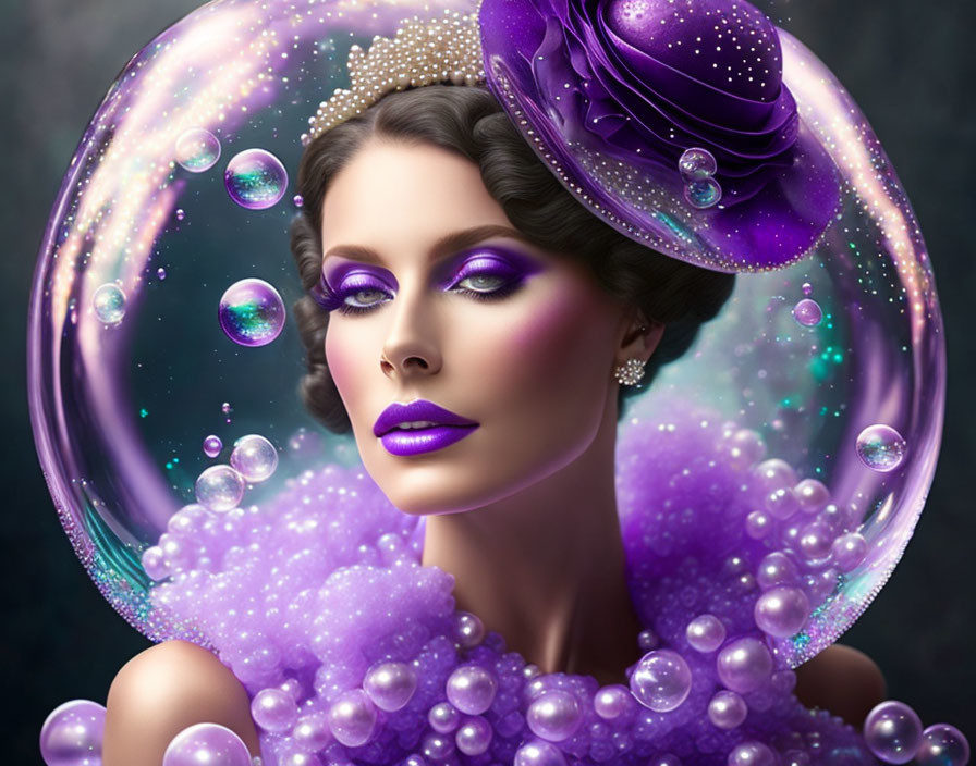 Vibrant purple makeup woman with matching hat in fantastical bubble-filled scene