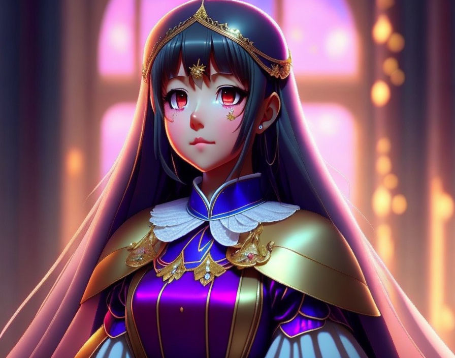 Sparkling-eyed female character in ornate blue and purple attire on purple background