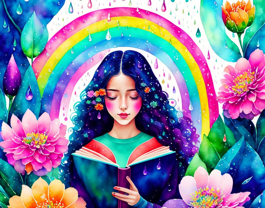 Colorful illustration: woman with flowers in hair reading under rainbow