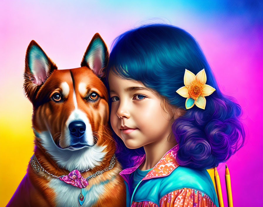 Blue-haired girl with flower leaning on dog against colorful backdrop