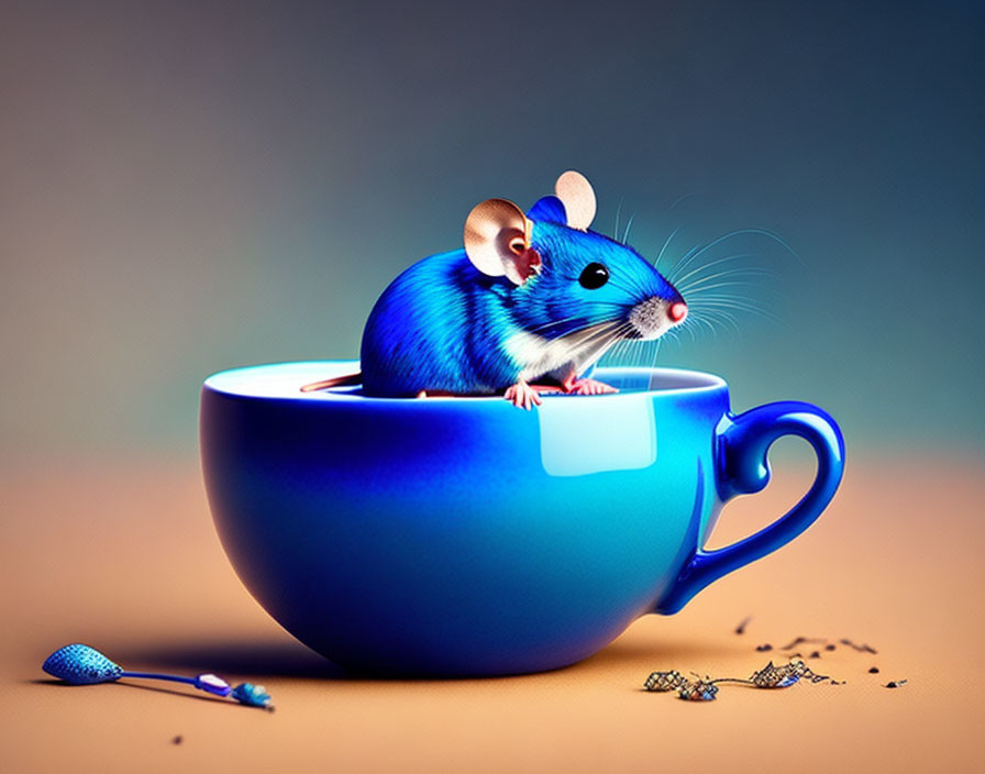 Vibrant blue mouse in coffee cup with spilled beans