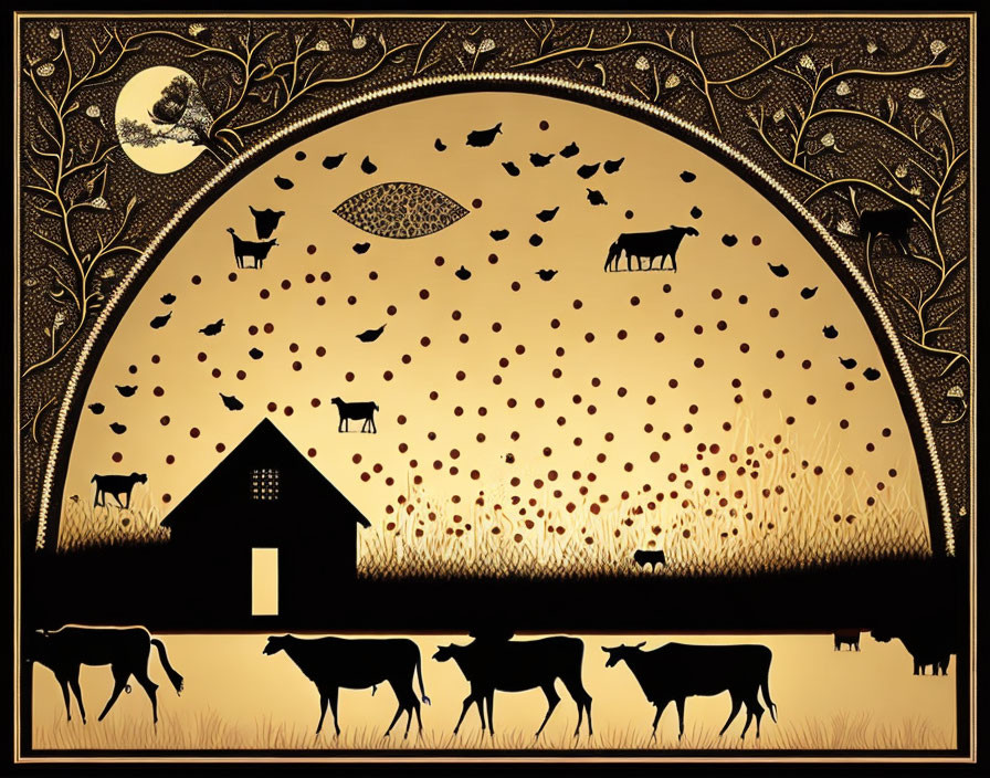 Silhouette art of cows, house, trees, birds under crescent moon in arch