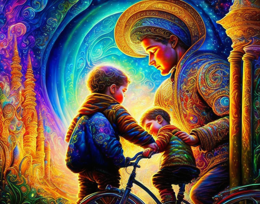 Colorful Artwork: Adult Figure Assisting Child on Bike in Cosmic Setting