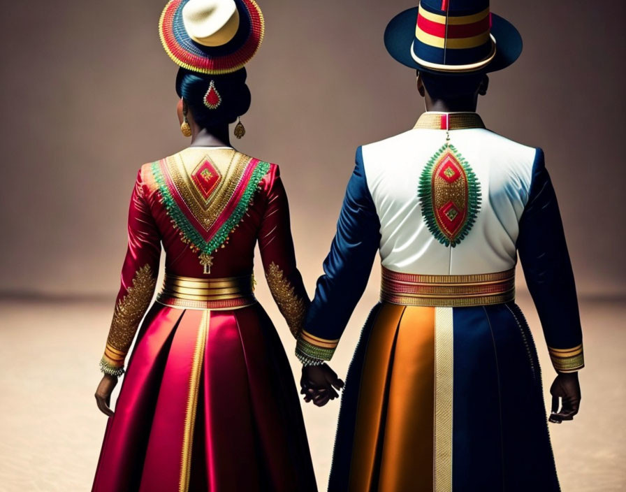 Andean couple in vibrant traditional attire holding hands