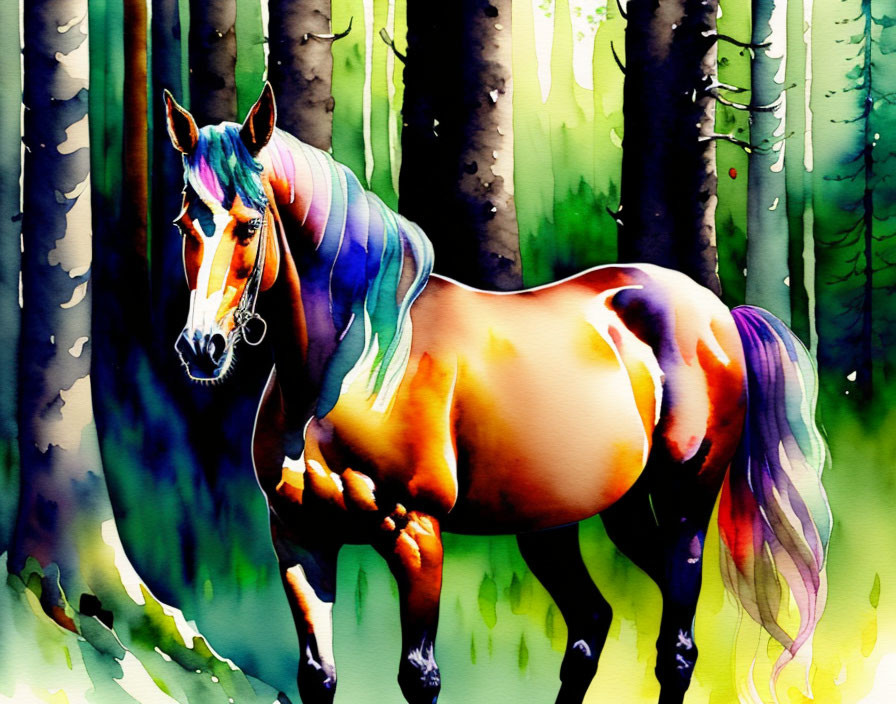 Colorful Horse Painting in Enchanted Forest