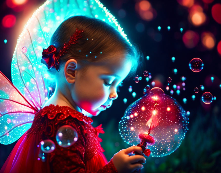 Child in fairy costume with luminous wings and bubble wand in enchanted setting