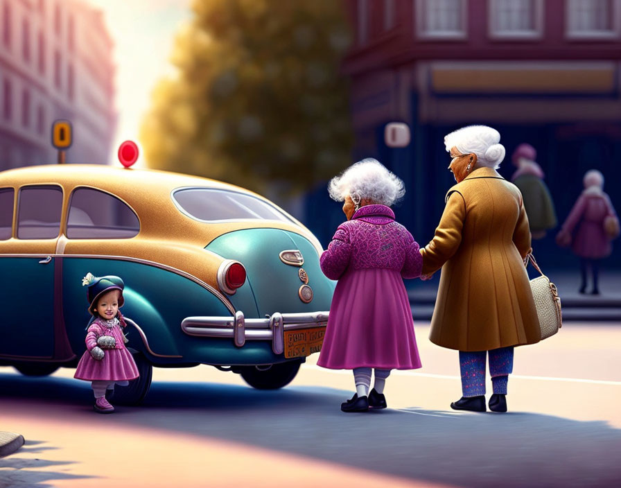 Elderly women and child by vintage car on urban street