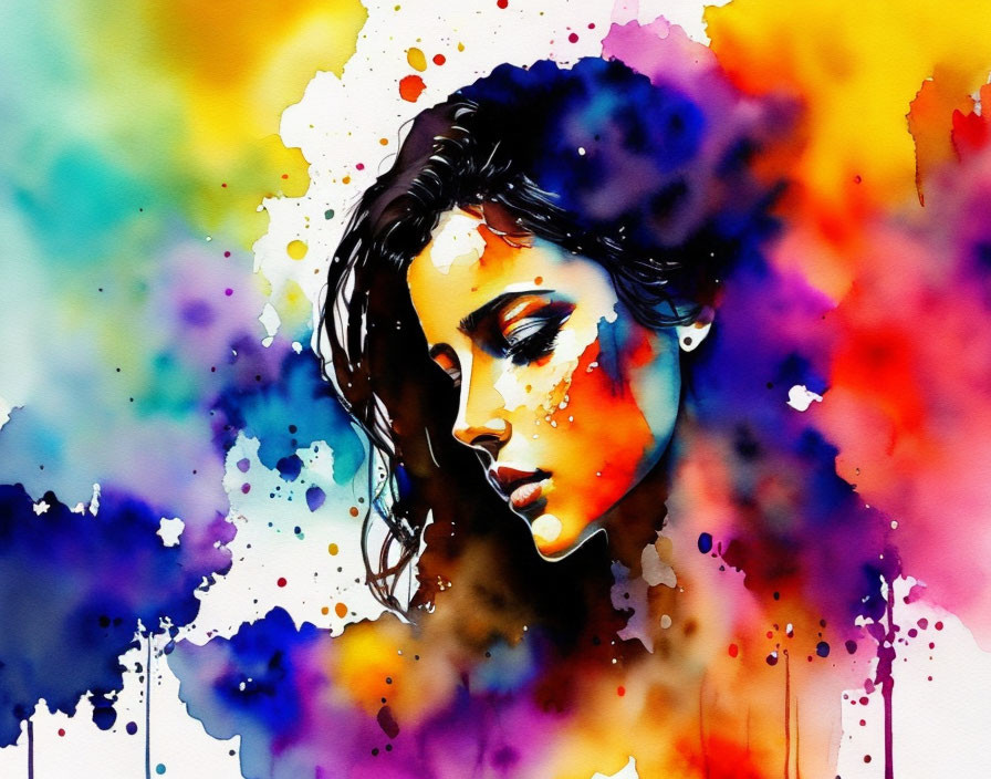 Colorful watercolor painting of a woman with vibrant splashes