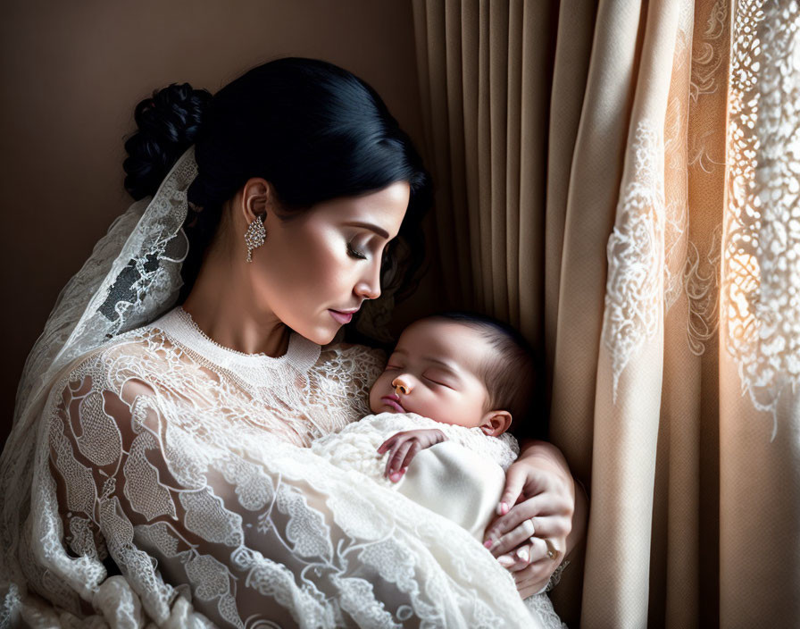 Woman in lace dress holding sleeping infant by window.