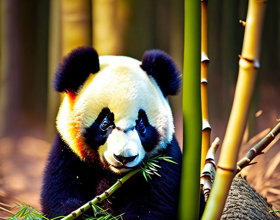 Giant panda eating bamboo in forest setting