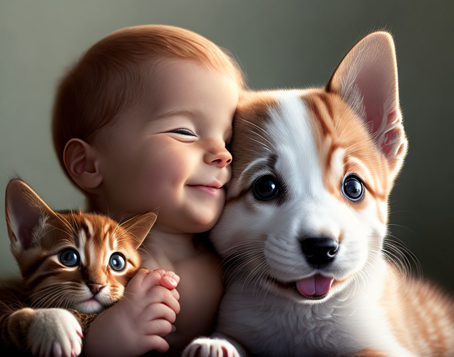 Smiling toddler with puppy and kitten in heartwarming embrace