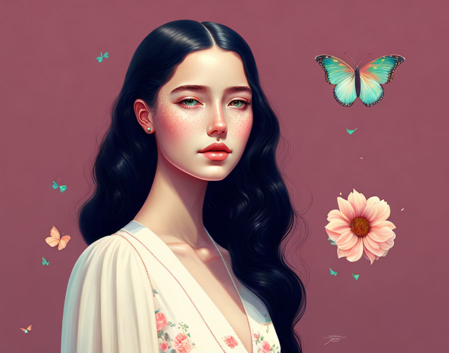 Digital artwork featuring dark-haired woman in floral dress with freckles, butterflies, and pink flower on