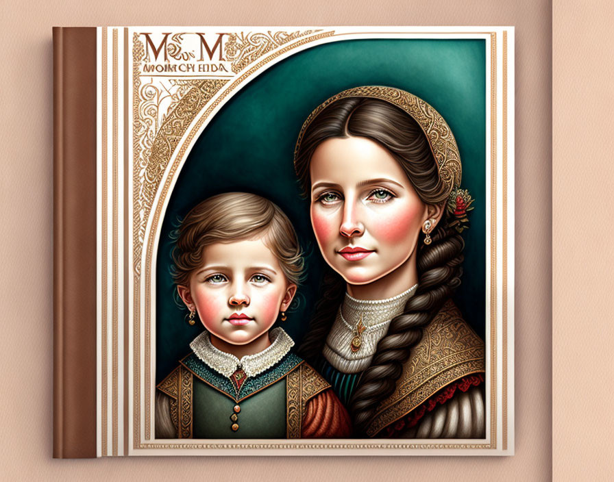 Vintage-styled portrait of a woman and child in solemn expressions against green background.