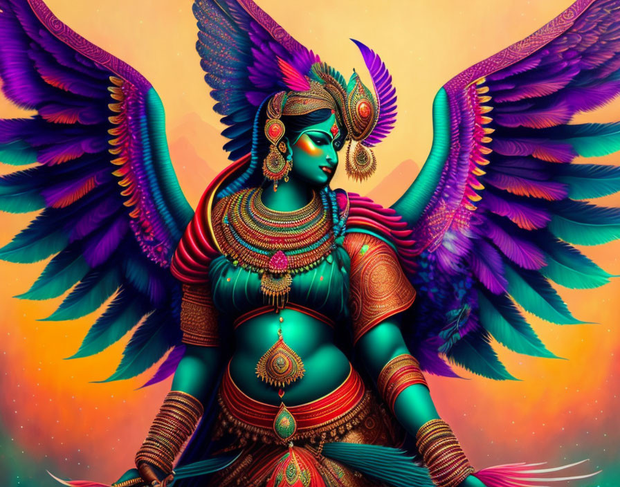 Vibrant mythical figure with multiple arms and wings on orange background.