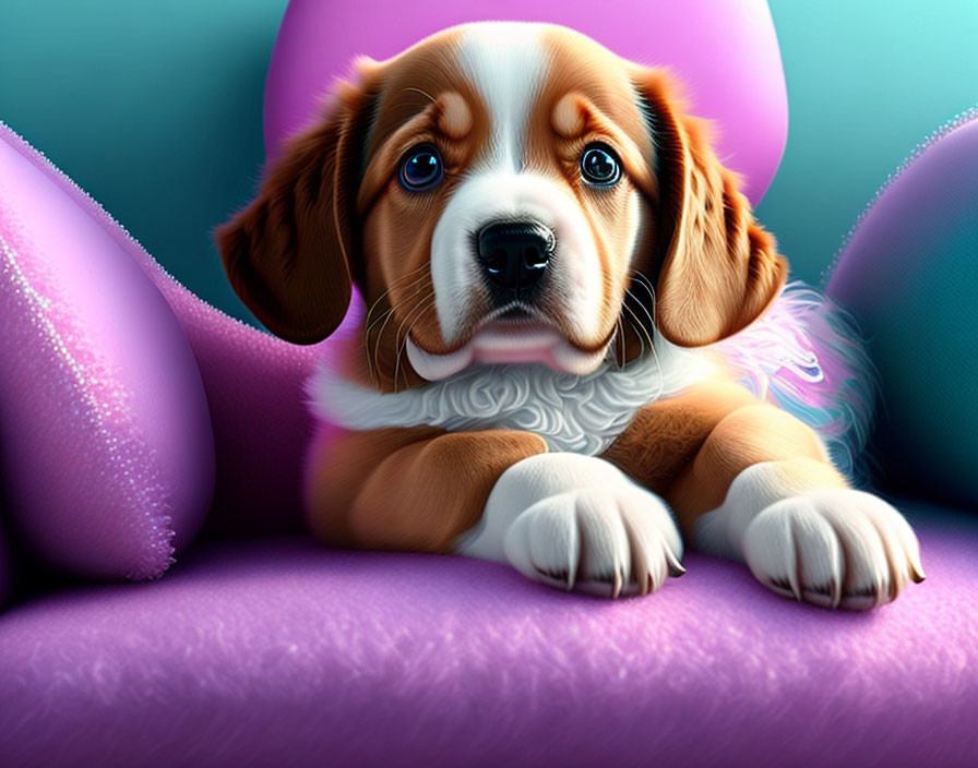 Brown and White Puppy Illustration on Plush Purple Surface