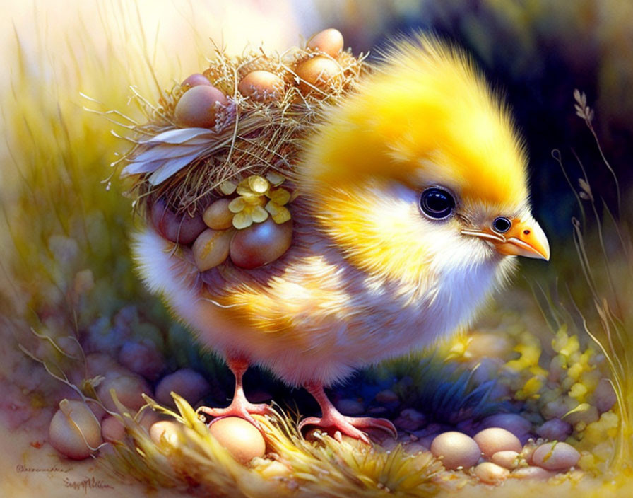 Colorful illustration: Fluffy yellow chick with eggs in a sunny meadow