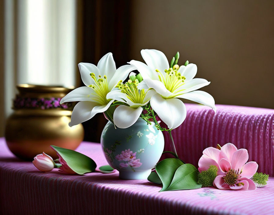 White lilies and pink flowers in blue vase on purple cloth near window with partial curtain view